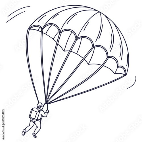 A simple line drawing of a person skydiving with a large parachute against a white background