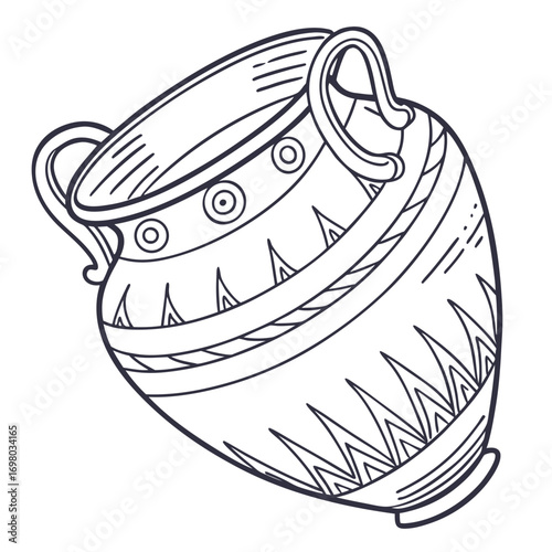 Black and white line art drawing of an ancient greek amphora vase with decorative patterns and handles