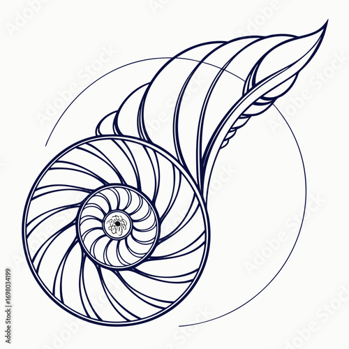 Abstract nautilus shell spiral and feather design in dark blue line art on white background