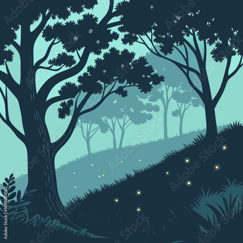 Enchanting forest scene with silhouetted trees and glowing fireflies on a misty evening