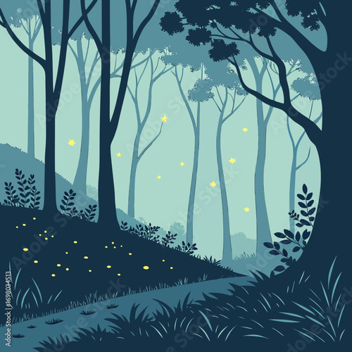 Enchanting forest scene at dusk with glowing fireflies illuminating the path and trees