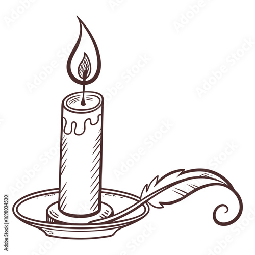 Hand drawn sketch of a lit candle in a holder with a quill pen beside it