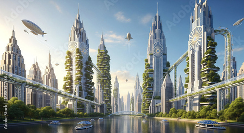 A futuristic utopian city with flying vehicles and green skyscrapers.