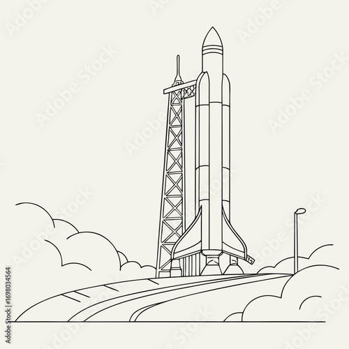 Line art illustration of a rocket on a launchpad with clouds and a light pole against a light background