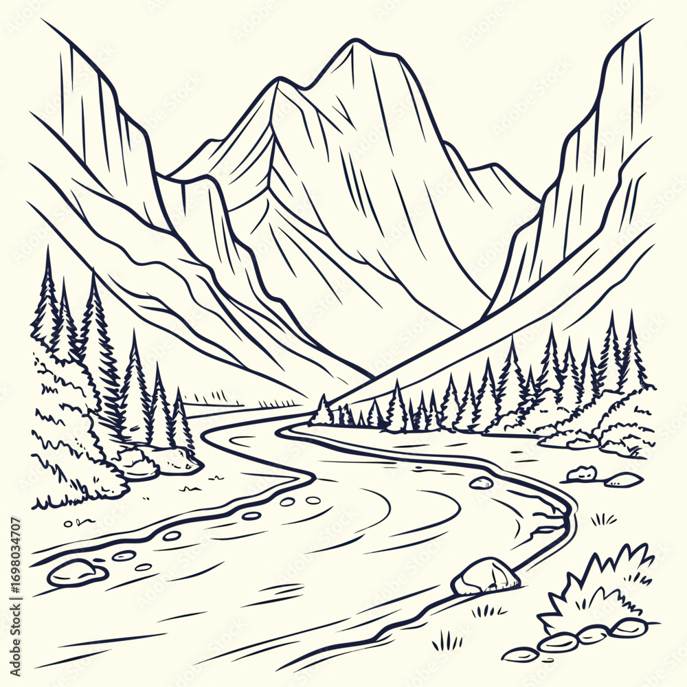 Fototapeta premium Serene mountain valley with a winding river and evergreen trees in a hand drawn sketch style