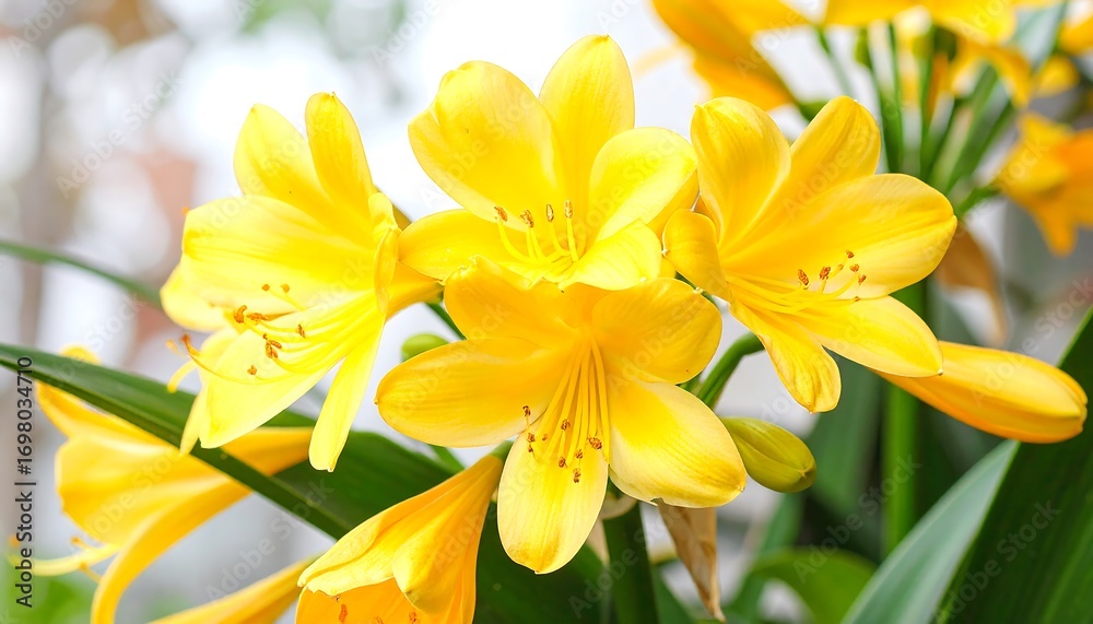 Obraz premium Bright yellow flowers in a cluster, showcasing vibrant petals and delicate details.
