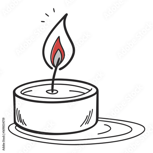 Simple hand drawn illustration of a lit tea light candle with a flame and on a small plate