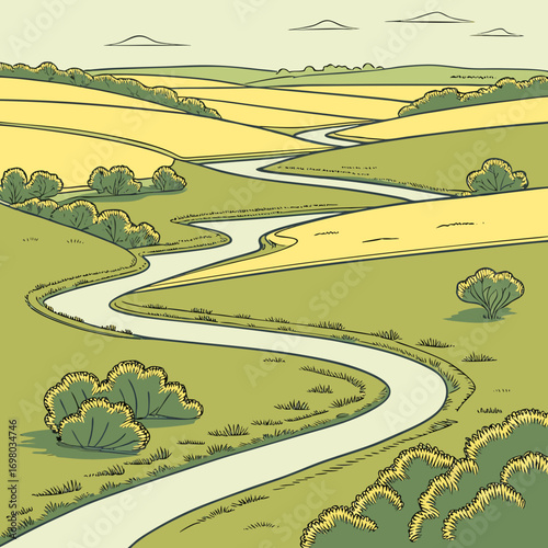 Serene winding river flowing through rolling green and yellow agricultural fields under a pale sky