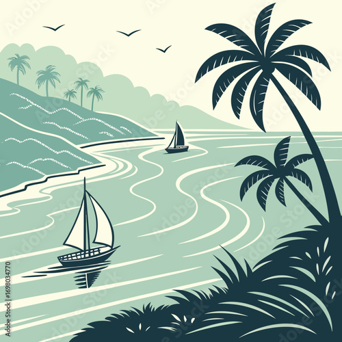Serene tropical coastline with sailing boats palm trees and flying birds in a vintage style
