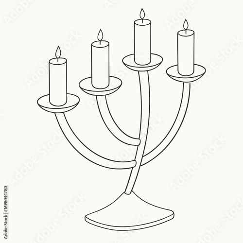Simple line drawing of a four candle candelabra with flame details
