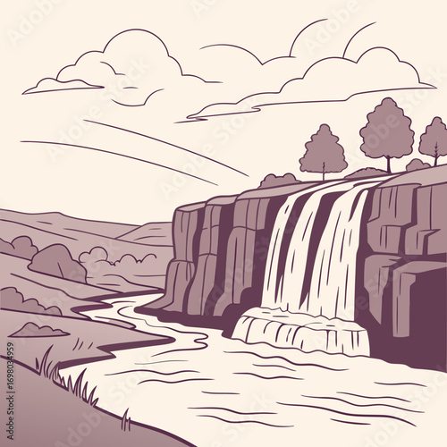 Stylized illustration of a majestic waterfall cascading down a rocky cliff into a winding river below