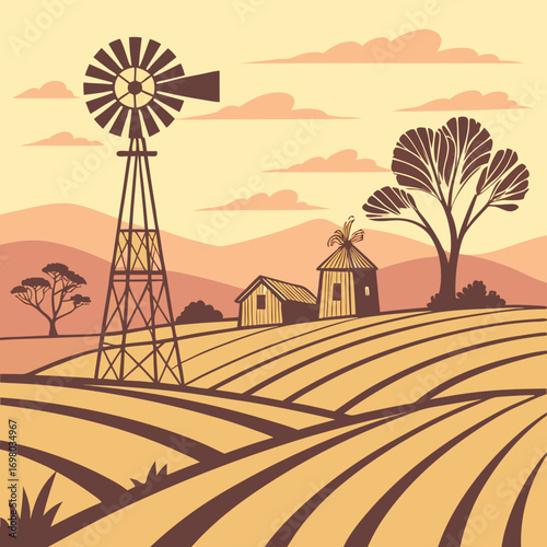 Stylized illustration of a rustic farm scene with a windmill barn and cultivated fields under a warm sky