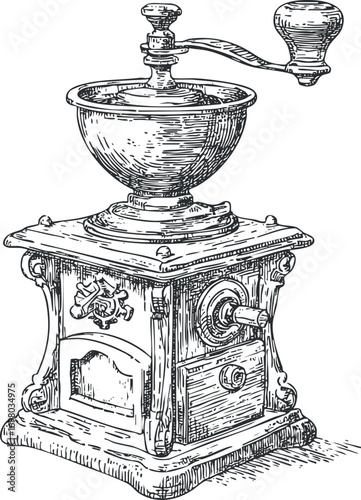 A vintage coffee grinder showcasing intricate craftsmanship and traditional design for brewing enthusiasts. Black on transparent background.