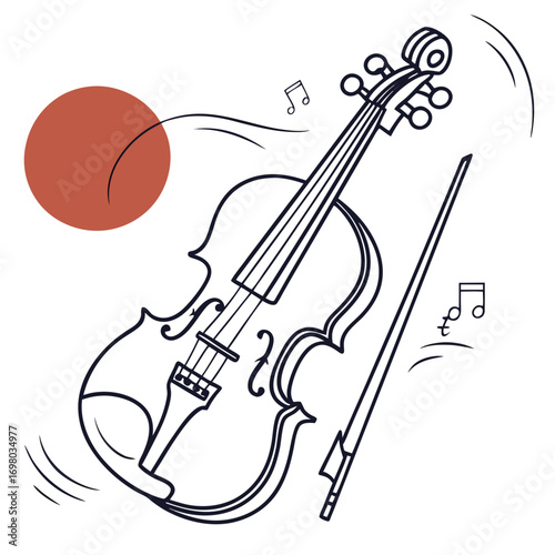 Stylized illustration of a violin and bow with musical notes and a warm sun circle