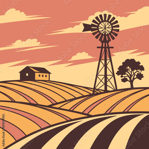 Stylized illustration of a rustic farm landscape with rolling fields a windmill and a house under a colorful sky