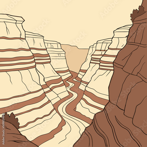 Stylized illustration of a winding river flowing through a layered canyon with warm earth tones