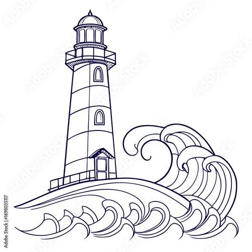 Stylized outline drawing of a lighthouse standing tall amidst crashing ocean waves