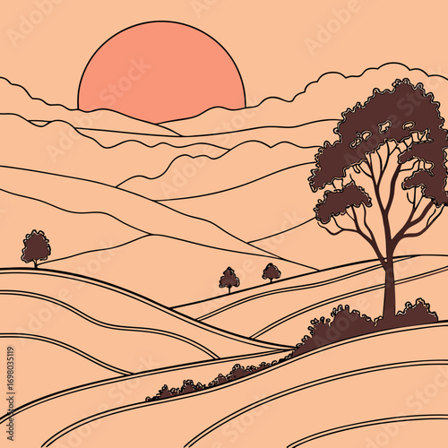 Stylized minimalist landscape with rolling hills trees and a large sun setting in the distance