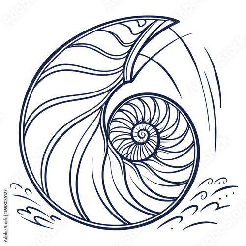 Stylized nautilus shell with flowing lines and water elements against white background