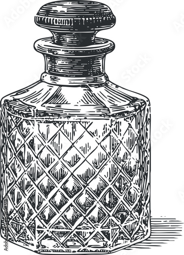 Vintage glass bottle with intricate design and elegant stopper perfect for decorative or functional use. Black on transparent background.