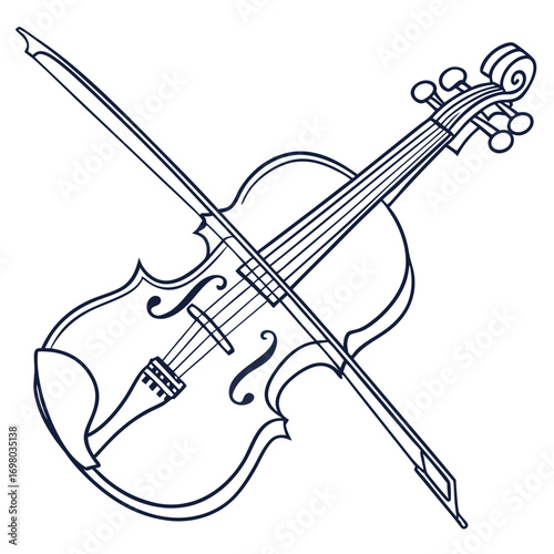 Stylized outline drawing of a cello and bow on a white background