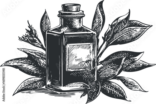 A vintage illustration of a potion bottle surrounded by herbs and leaves, representing natural remedies. Black on transparent background.