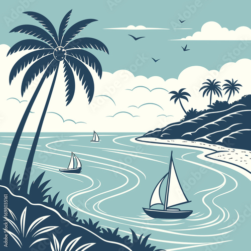 Tranquil tropical island paradise with palm trees and sailboats on a clear day