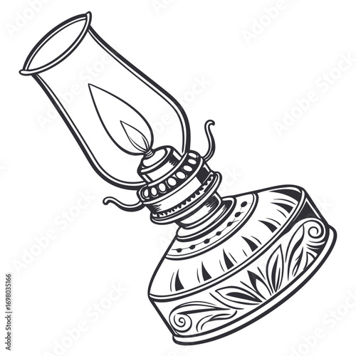 Vintage kerosene lamp with a flame and decorative base in a black and white illustration style