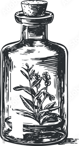 Vintage glass bottle containing a botanical illustration of a herb plant for natural remedies. Black on transparent background.