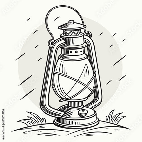 Vintage kerosene lantern illustration with a rustic hand drawn style and simple background
