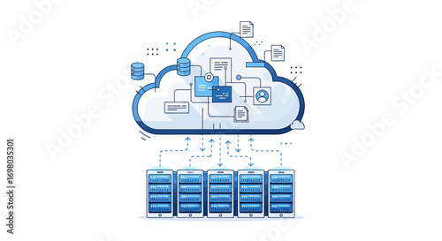 Conceptual illustration of cloud computing technology, showing data flow from server racks to a networked data center for storage and processing