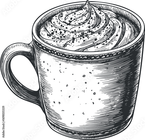 A detailed sketch of a coffee mug topped with whipped cream and sprinkled spices. Black on transparent background.