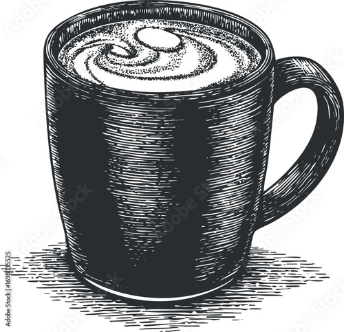 Hand-drawn illustration of a cup of coffee with swirling latte art on top. Black on transparent background.