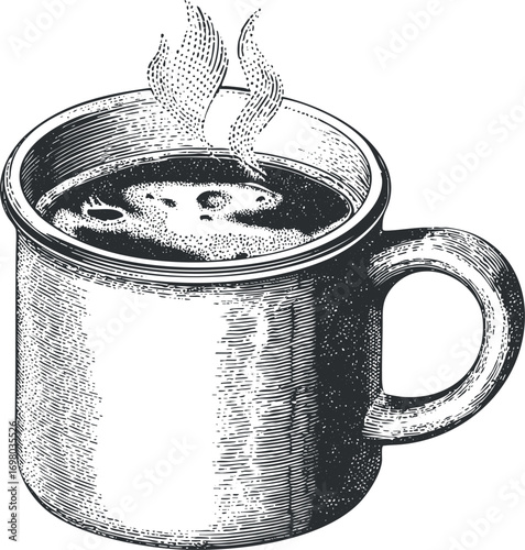 A vintage illustration of a steaming cup of coffee in a classic mug. Black on transparent background.