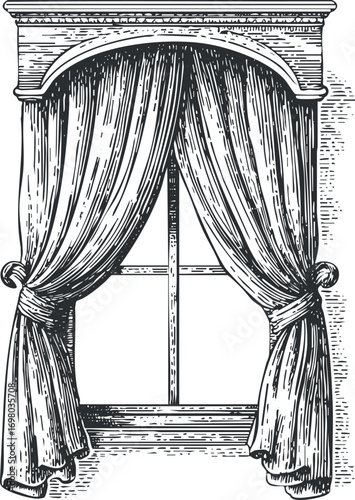 An elegant vintage illustration of a window with draped curtains showcasing classic interior design. Black on transparent background.