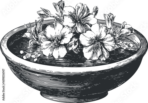 A beautifully detailed hand drawn illustration of flowers arranged in a decorative bowl. Black on transparent background.