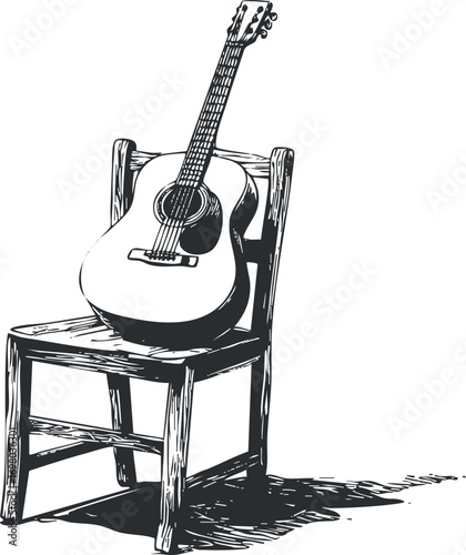 An artistic sketch of an acoustic guitar resting on a wooden chair. Black on transparent background.