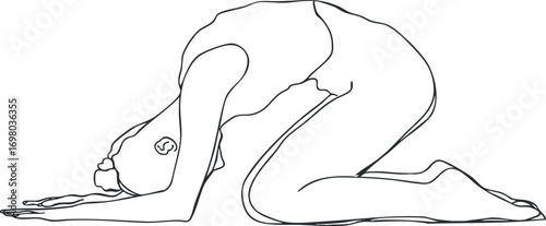 A minimalist line drawing of a person in a yoga pose, promoting relaxation and mindfulness. Black on transparent background.