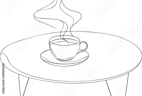 A minimalist line art illustration of a steaming coffee cup on a table. Black on transparent background.