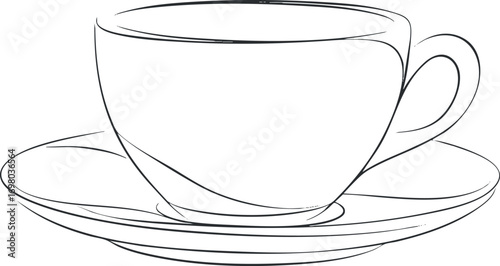 A minimalist line art illustration of an empty cup on a saucer suitable for various design projects. Black on transparent background.