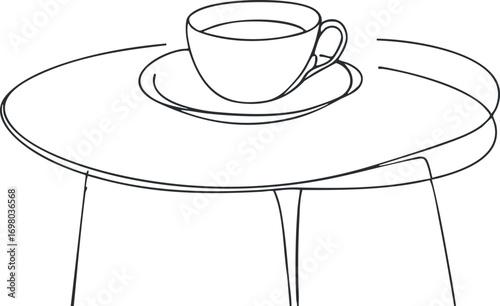 A minimalist line art illustration of a cup and plate on a table. Black on transparent background.