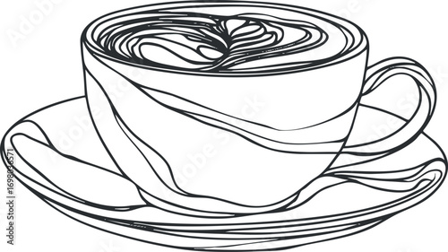 A minimalist line art illustration of a coffee cup with saucer and swirling beverage. Black on transparent background.