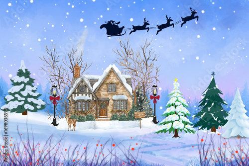 A snowy winter night with a cozy cottage nestled in a quiet forest, perfect for a Christmas holiday celebration.A snowy winter night with a cozy cottage nestled in a quiet forest, perfect for a Christ