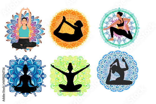 Vector icons of people and a woman in yoga lotus pose, symbolizing meditation, love, and family.Minimalist Yoga Poses
