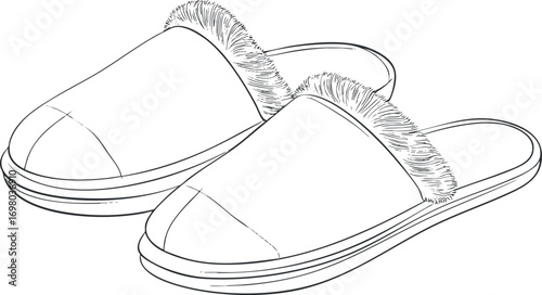 A pair of cozy fuzzy slippers designed for comfort and relaxation at home. Black on transparent background.