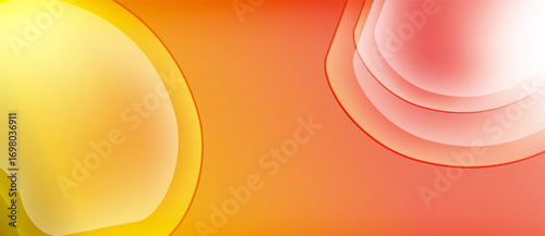 Abstract background features warm color gradients. Yellow, orange, red hues blend smoothly creating fluid shapes. Minimalist design.