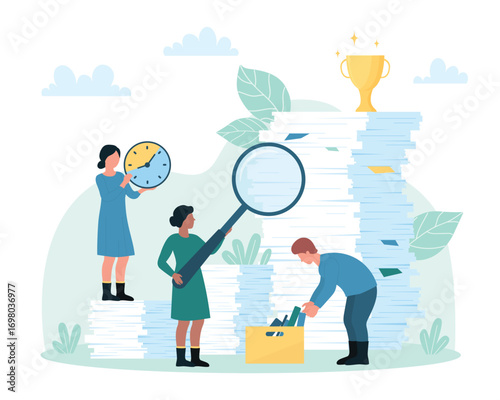 Bureaucracy and office paperwork vector illustration. Cartoon tiny people holding magnifying glass to research information reports, sorting pile and stack of paper documents to folders and archives
