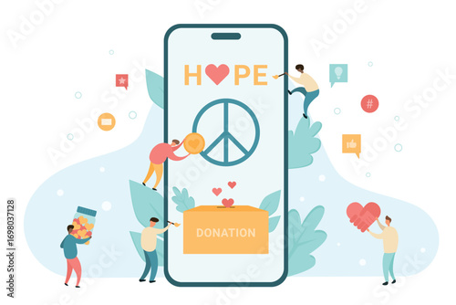 United people of world community. Tiny volunteers holding hearts and money, donate and give help in phone app together donation concept vector illustration