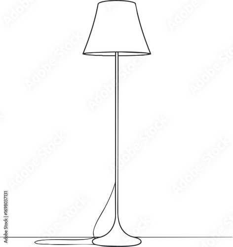A minimalist line drawing of a stylish floor lamp with a simple design and elegant silhouette. Black on transparent background.
