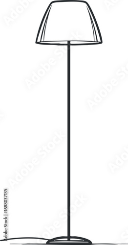 A simple outline illustration of a modern floor lamp with a stylish shade and base. Black on transparent background.